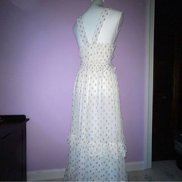 NEW En Creme Maxi Dress M Boho Metallic Polka Dot Cutout Ruffle Tiered - Picture 7 of 13